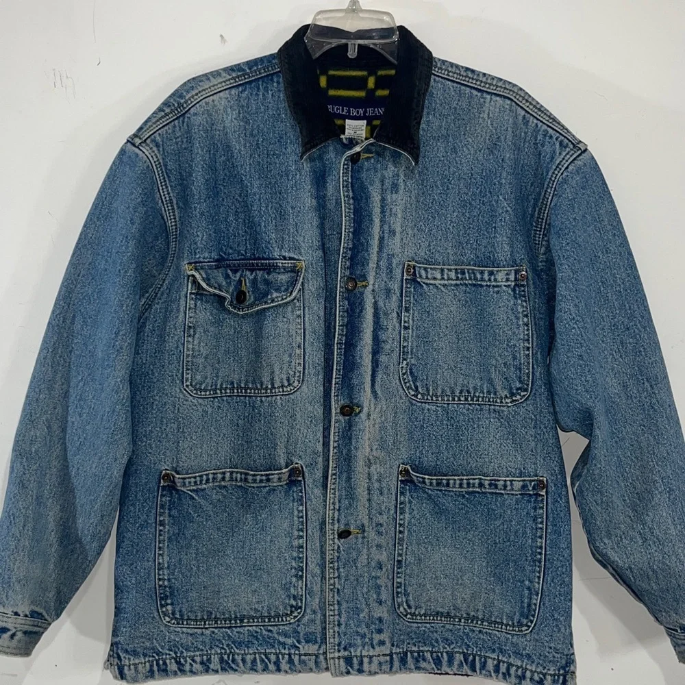 Vintage Bugle Boy Denim Barn Jacket Fleece Lined Corduroy Collar Size M